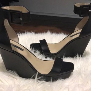 INC black leather wedge sandal. Will bundle.